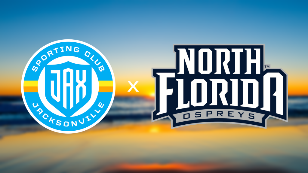 Sporting JAX and University of North Florida Ospreys logos stand together in front of a sunrise on the beach.