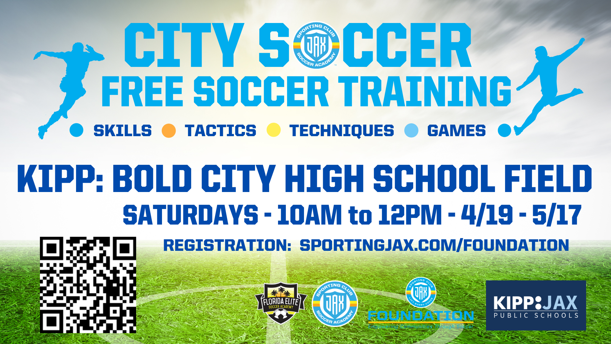 City Soccer: Free Soccer Training
KIPP Bold City High School Field
Saturdays 10 AM to 12 PM from April 19 - May 17