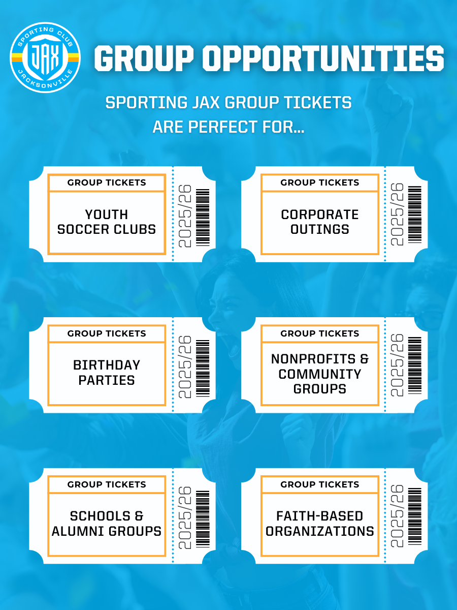 Group Opportunities
Sporting JAX group tickets are perfect for youth soccer clubs, corporate outings, birthday parties, nonprofits & community groups, schools & alumni groups and faith-based organizations