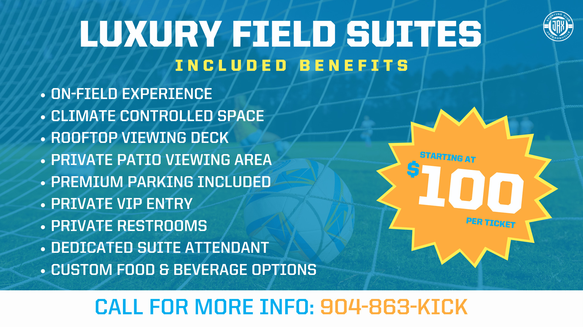 Luxury Field Suites
Included Benefits: on-field experience, climate controlled space, rooftop viewing deck, private patio viewing area, premium parking included, private VIP entry, private restrooms, dedicated suite attendant, custom food & beverage options