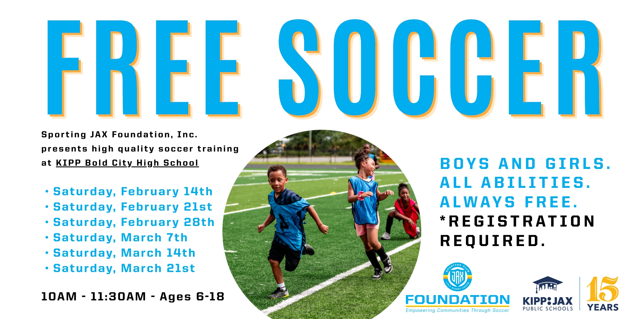Free soccer clinics for children available at KIPP Bold City High School on select dates.