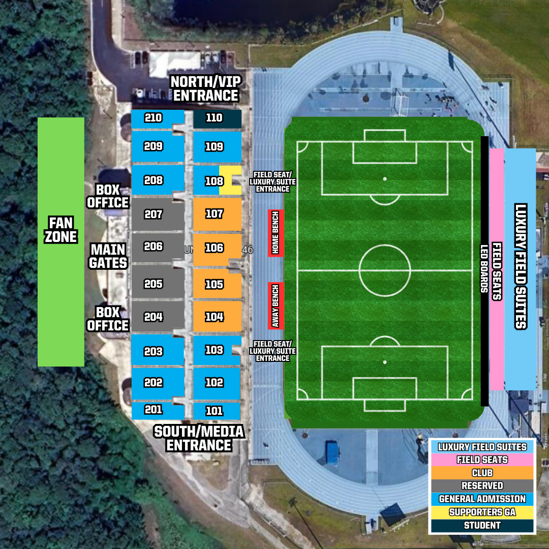 Seating map of Hodges Stadium for the 2025/26 Gainbridge Super League.