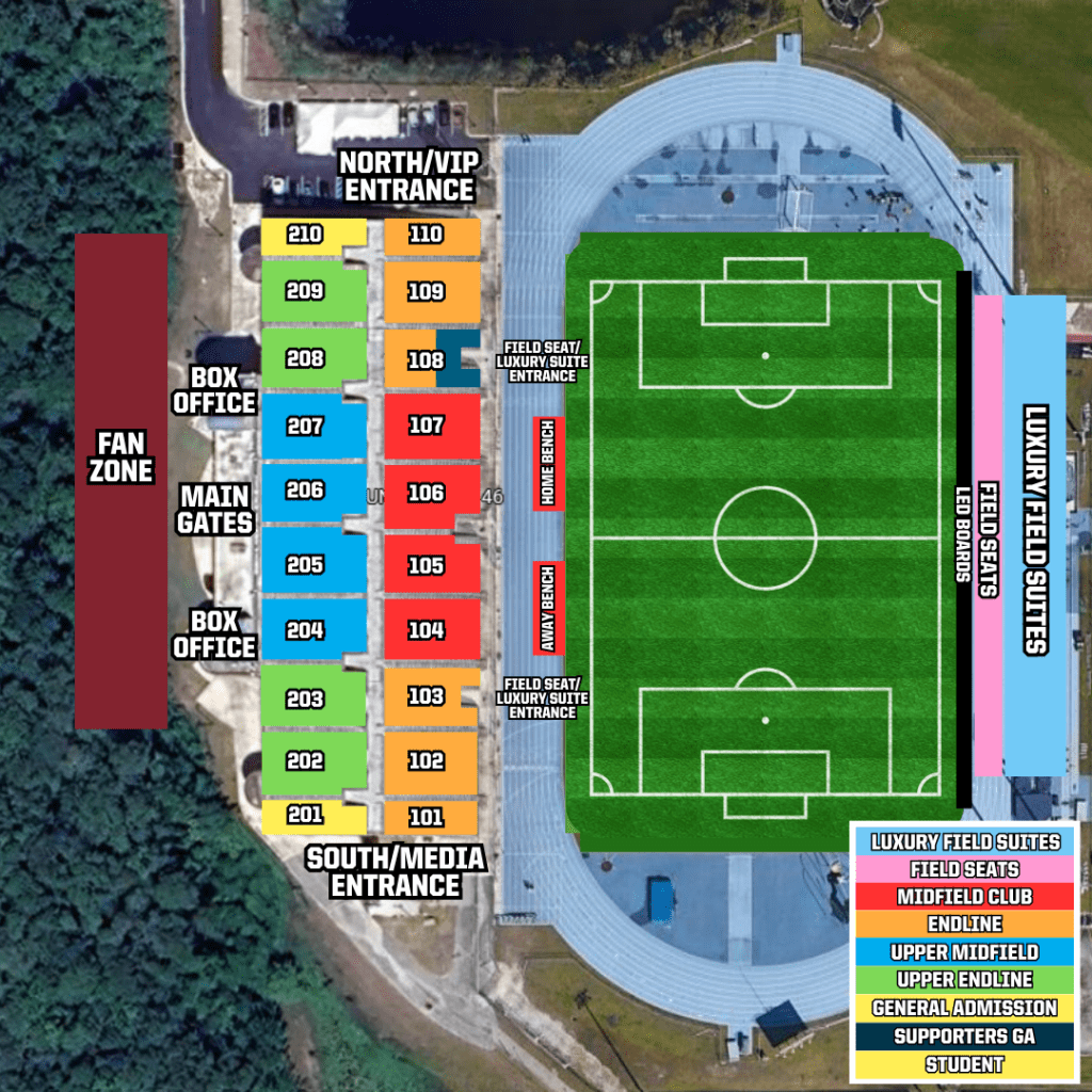 A map showing seating sections at Hodges Stadium.