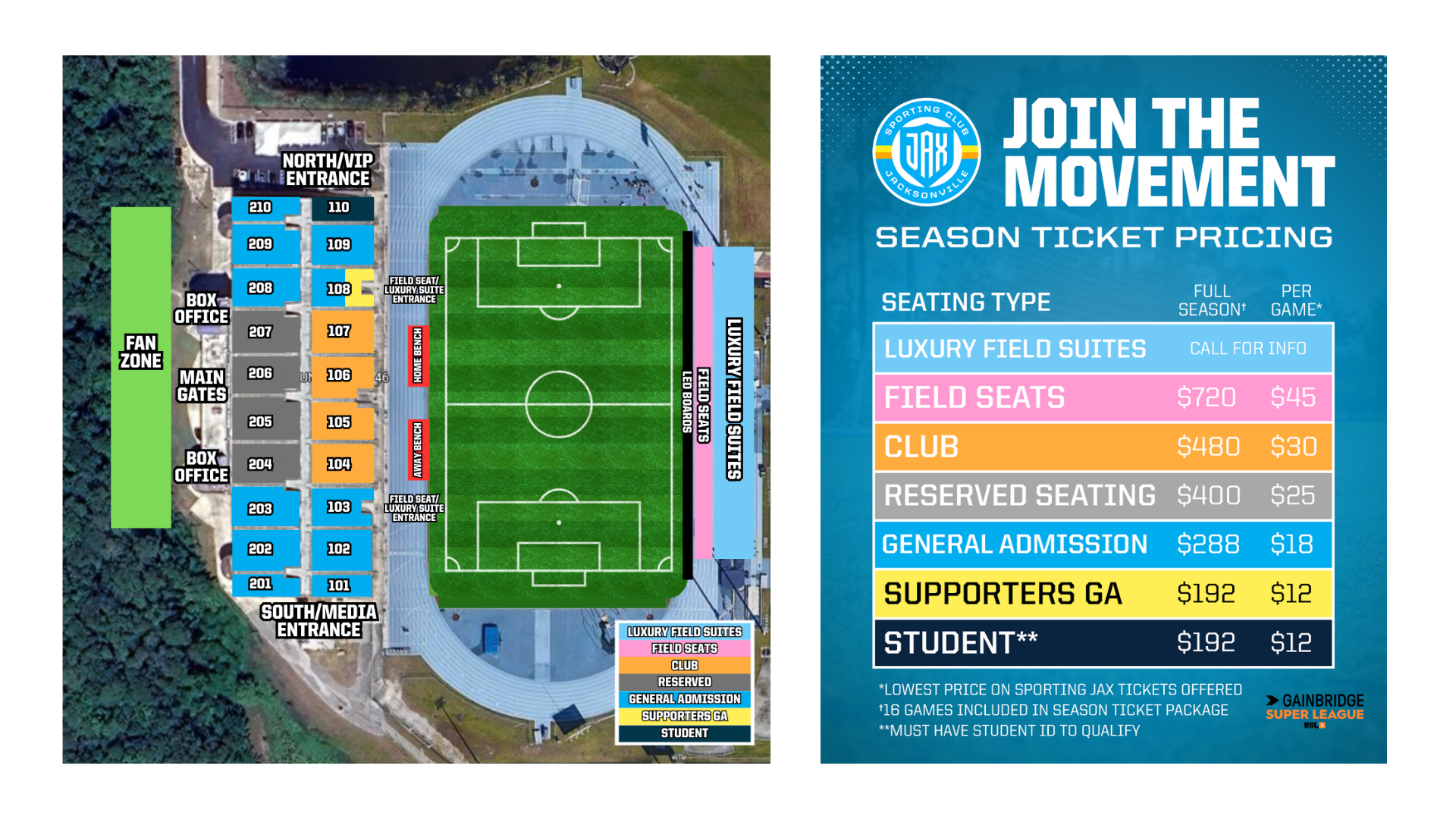 Seating Map of Hodges Stadium and pricing map for 2025/26 Gainbridge Super League tickets.