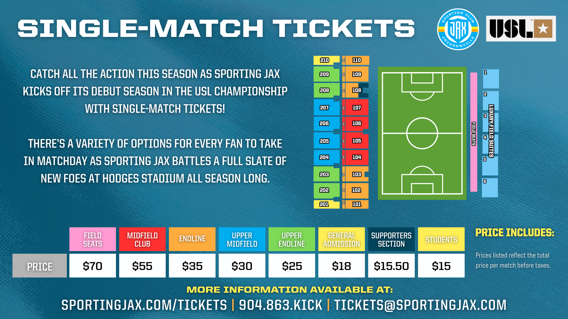 2026 USL Championship Single-Match Tickets. Showcases chart with price per match for different seating sections plus Hodges Stadium seating map.
