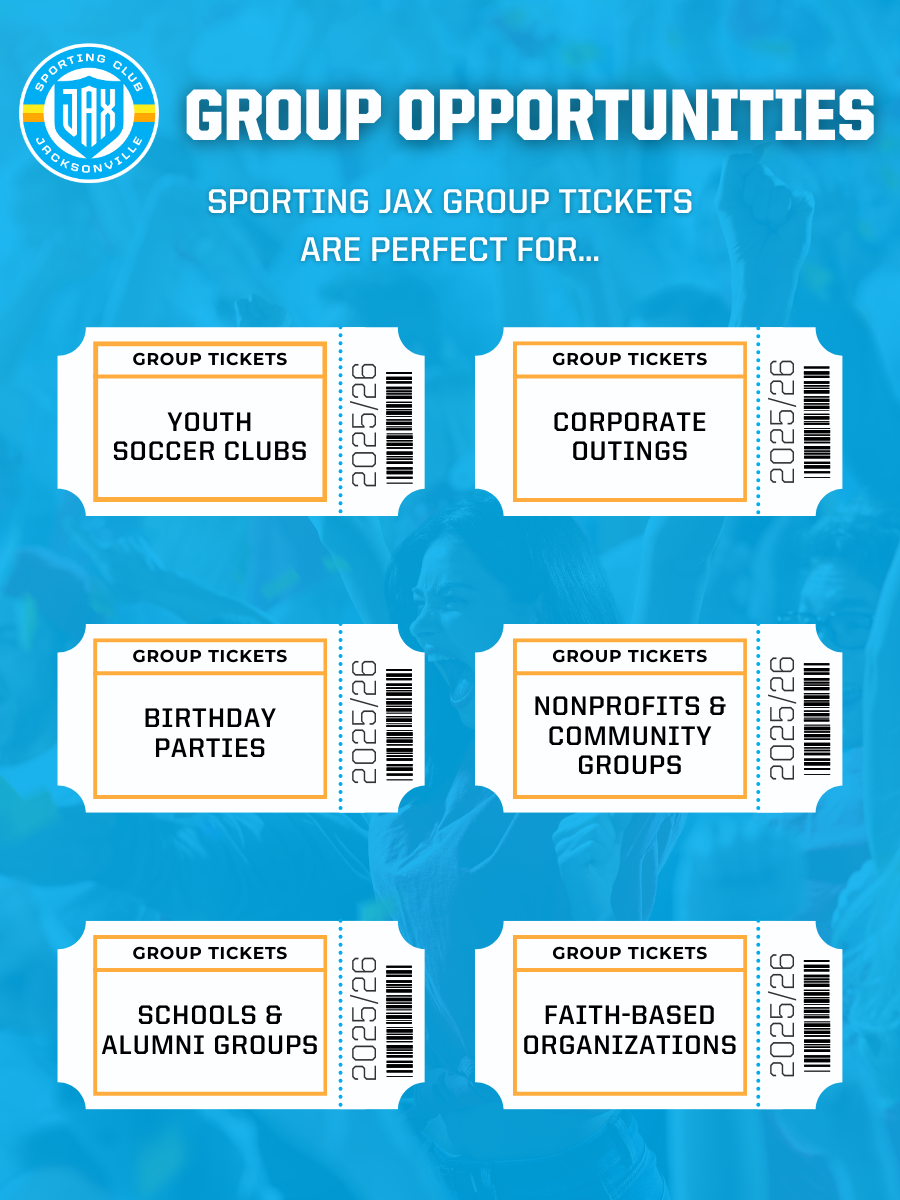 Group Opportunities:
Sporting JAX group tickets are perfect for youth soccer clubs, corporate outings, birthday parties, nonprofits & community groups, schools & alumni groups and faith-based organizations.