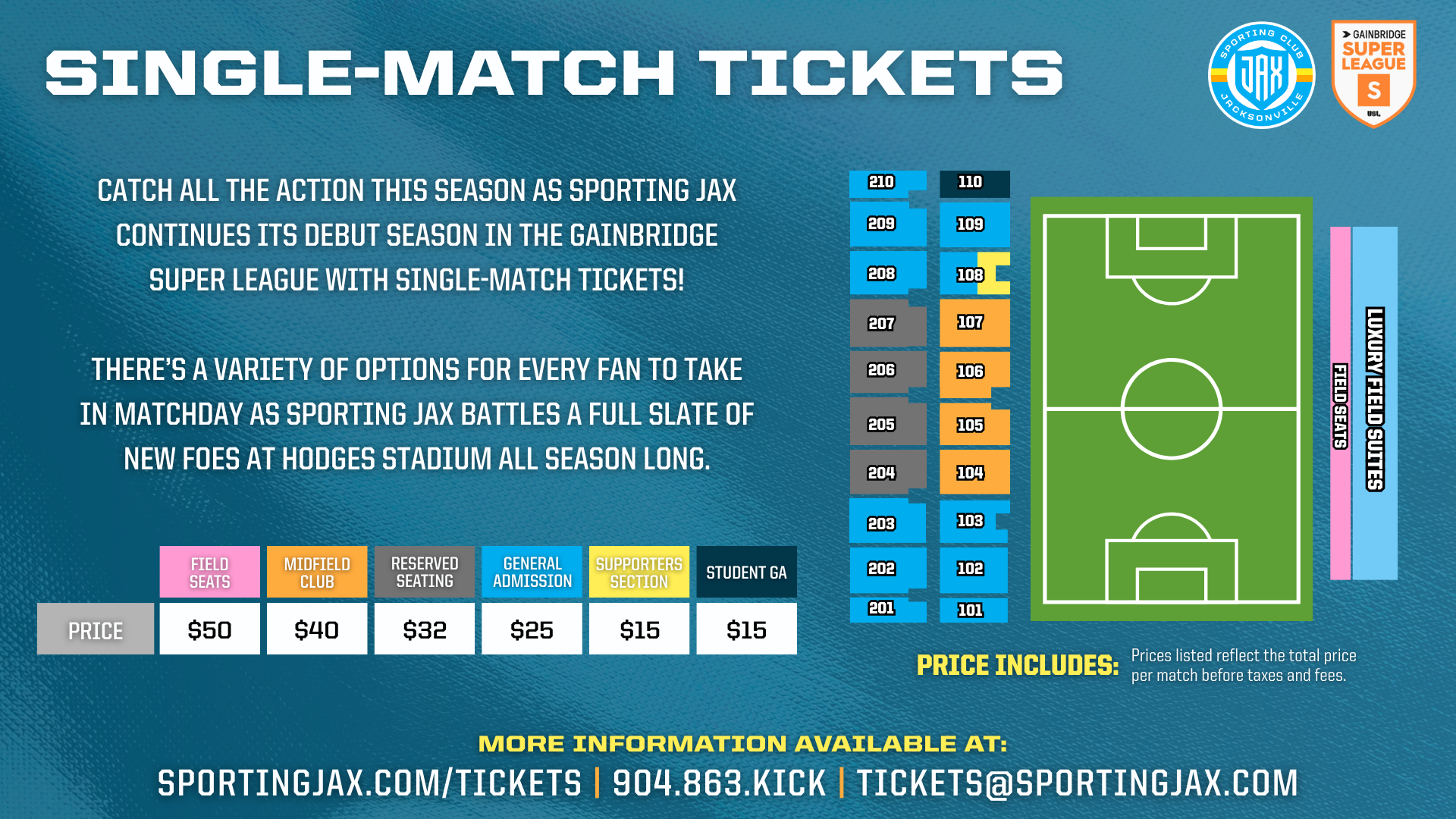 2026 Gainbridge Super League Single-Match Tickets. Showcases chart with price per match for different seating sections plus Hodges Stadium seating map.