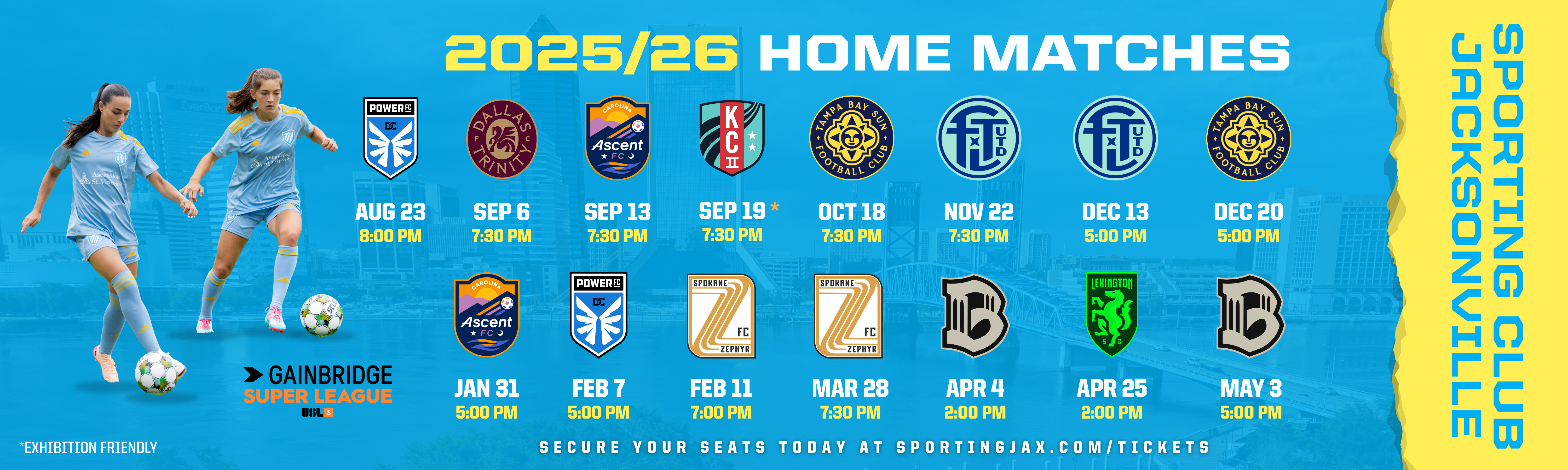 Full slate of 2025/26 Gainbridge Super League home matches for Sporting JAX.
